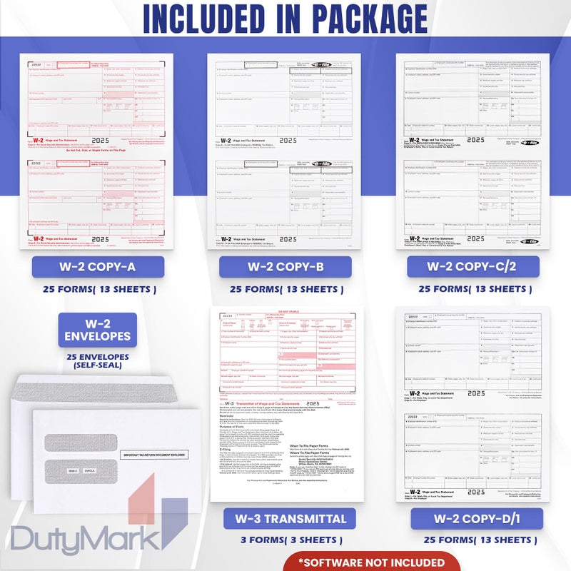 Dutymark W2 Forms 2025 with Envelopes, 4 Part Kit for 25 Employees of Laser W2 Tax Forms IRS-Compatible with 3 W3s, Compatible with Quickbooks Software, Includes 25 Self-Sealing Envelopes - Image 2